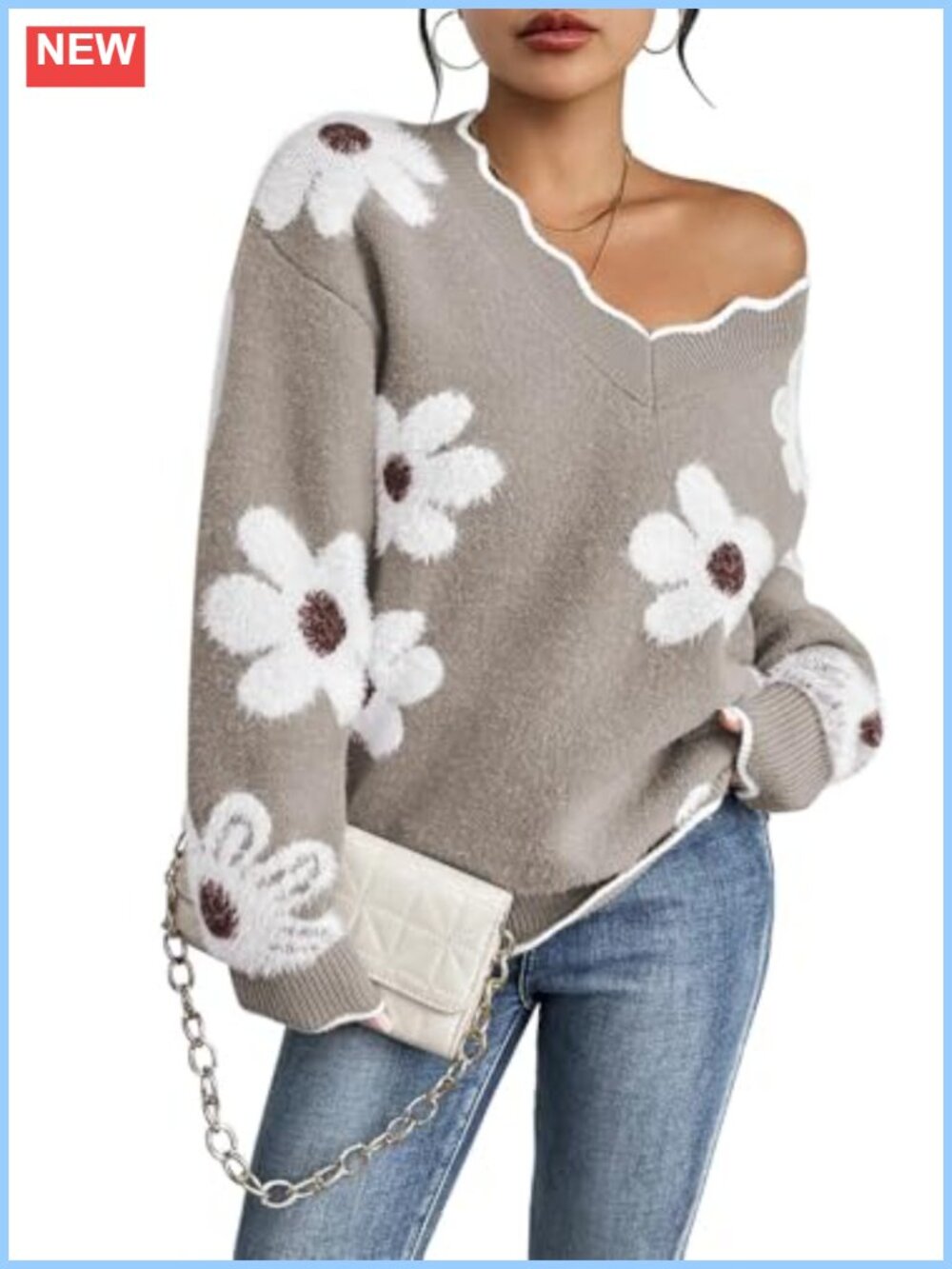 Women's Oversized V Neck Fuzzy Chunky Knit Pullover Sweater Long Sleeve